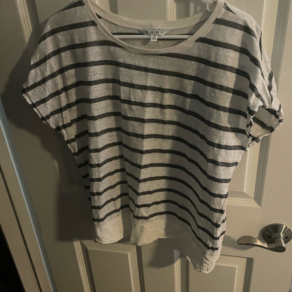CAbi Women's Black & Gray Striped Linen Round Neck Cap Sleeve T-Shirt